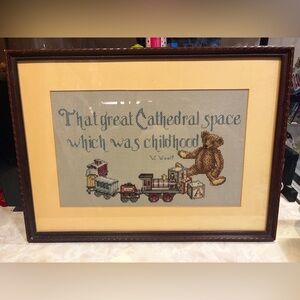 Handmade Completed Framed Cross Stitch Teddy Bear Vintage